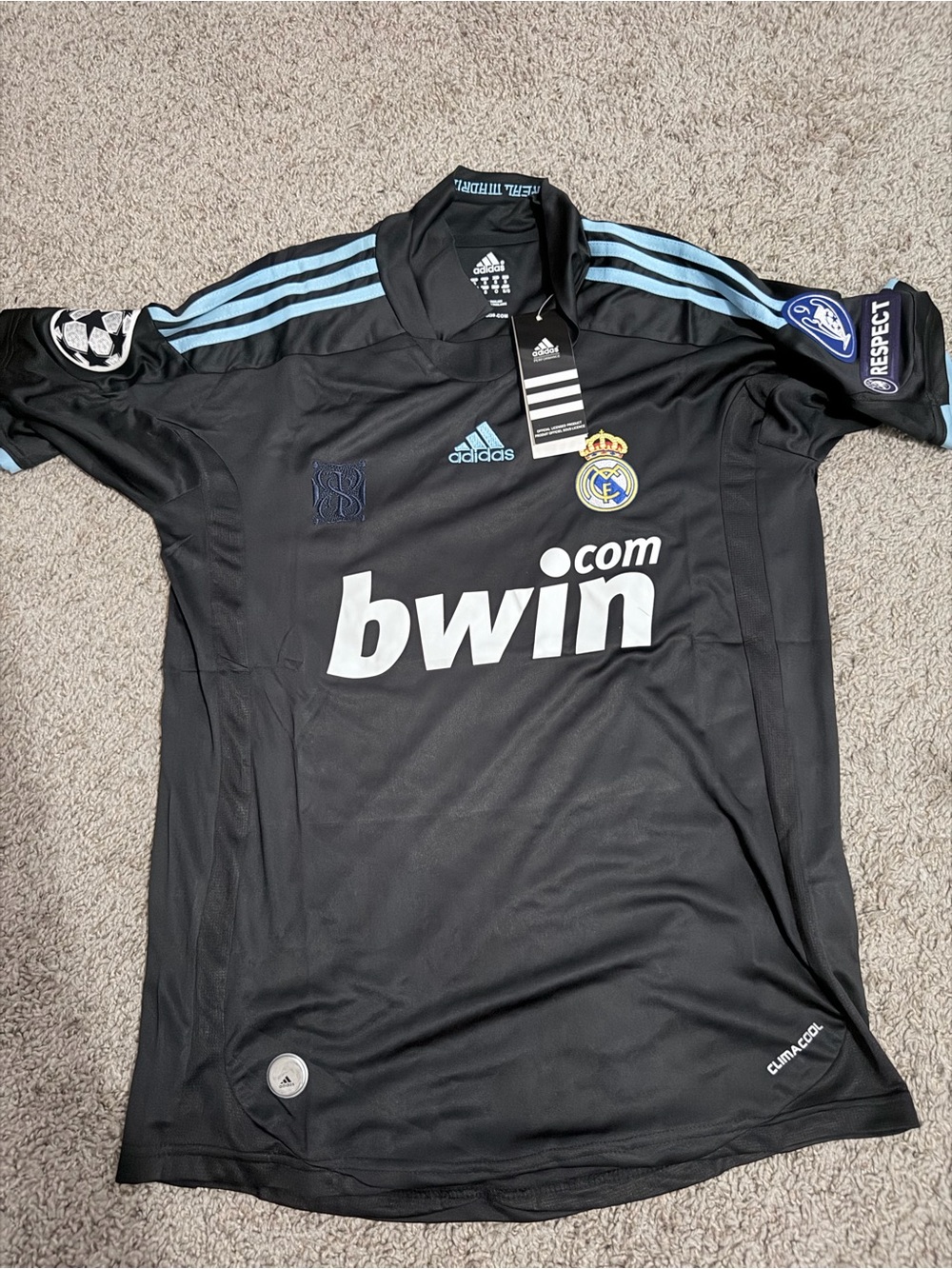 adidas Real Madrid Black Jersey with Light Blue Stripes
